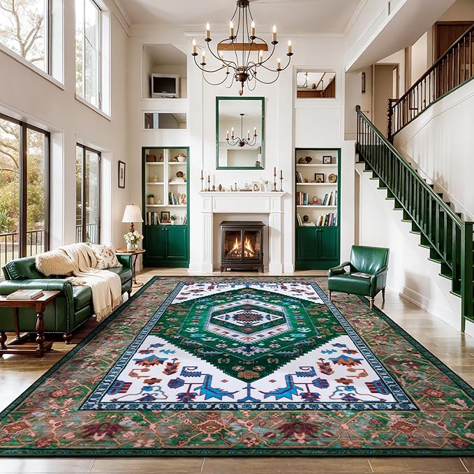 SERISSA 9x12 Area Rugs for Living Room, Large Washable Non-Slip Boho Rug, Ultra Soft Vintage Green White Oriental Tribal Print Distressed Carpet for Dining Room Bedroom Dorm Office Home Decor