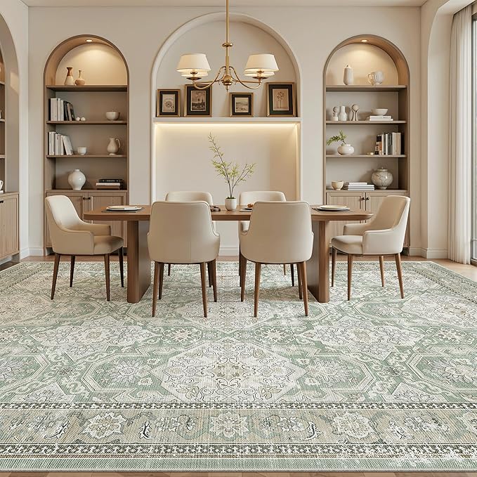 10x14 Area Rugs for Living Room, Non Slip Machine Washable Vintage Rugs, Low Pile Lightweight Large Rug for Bedroom, Dining Room, Home Office Green/Brown