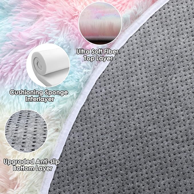 ONASAR Rainbow Round Area Rugs 5ft, Soft Bedroom Circle Rug Mats for Kids Girls Teen Room, Kawaii Fluffy Plush Shaggy Carpet for Dorm Nursery Living Room Playroom Home Decor Princess Castle