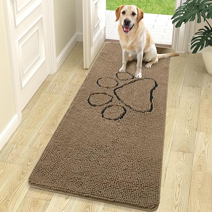 OLANLY Dog Door Mat for Muddy Paws 70x24, Paw Print Design, Absorbs Moisture and Dirt, Absorbent Non-Slip Washable Doormat, Quick Dry Chenille Mud Mat for Dogs, Entry Indoor Entryway Carpet, Tan