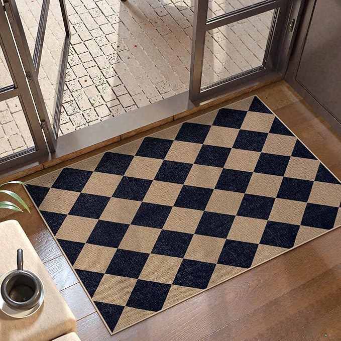 Lahome Colette Checkered Easy Jute Kitchen Rug, 2x3 Indoor Door Mat Small Neutral Area Rug, Farmhouse Diamond Non Slip Non Shedding Lightweight Floor Carpet for Entry Porch