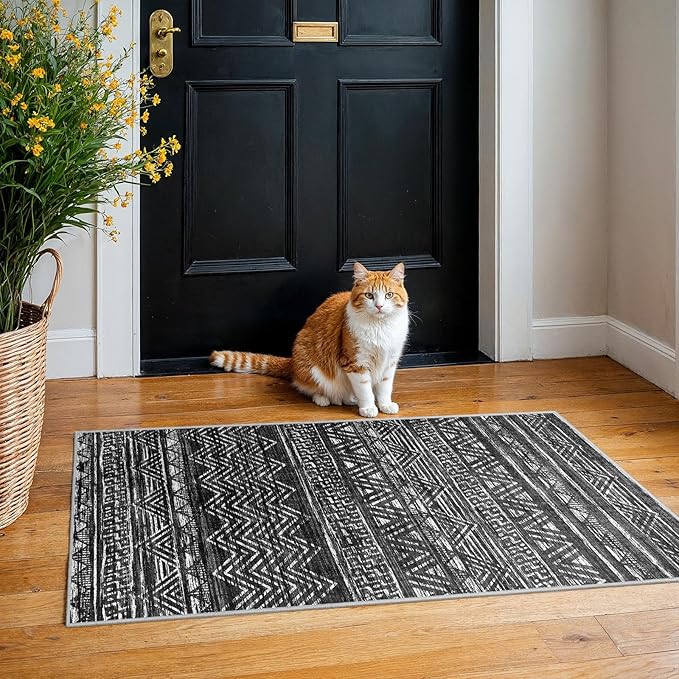 2x4 Washable Entryway Runner Rug: Moroccan Small Area Rug Soft Non Slip Door Mat for Hallway Low Pile Thin Stain Resistant Floor Carpet for Kitchen Bedroom Bathroom Bedside Indoor(2x4,Black)