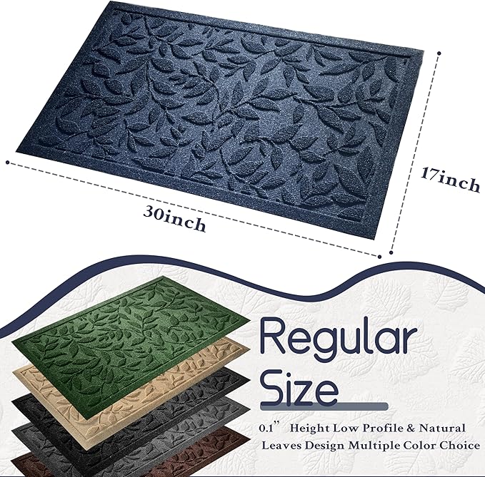 Blue Leaves Outdoor Indoor Entrance Doormats, Absorbent Durable Heavy Duty Welcome Front Door Mat,Thick Natural Rubber Back,Easy Clean Entryway Mat 17x30 Inch, Low Profile