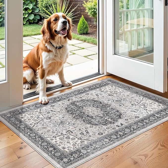 Washable 2x3 Entryway Area Rug: Vintage Soft Thin Door Mat with Non Slip Backing Water Resistant Carpet for Bedroom Low Pile Floor Mat for Kitchen Bathroom Laundry Easy Clean Rug for Family(2x3,Grey)
