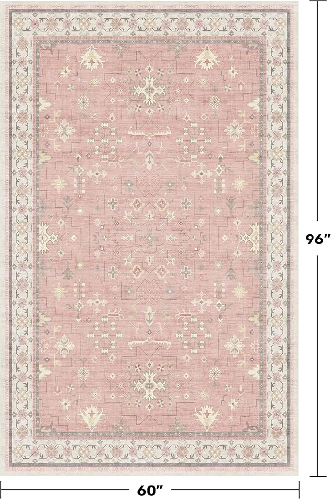 Light Pink Rugs for Girls Bedroom - Cute Floral Area Rug 5x8 for Nursery, Kids Playroom, Machine Washable Non Slip, Vintage Low Pile Stain Resistant Carpet for Living Room, Dorm