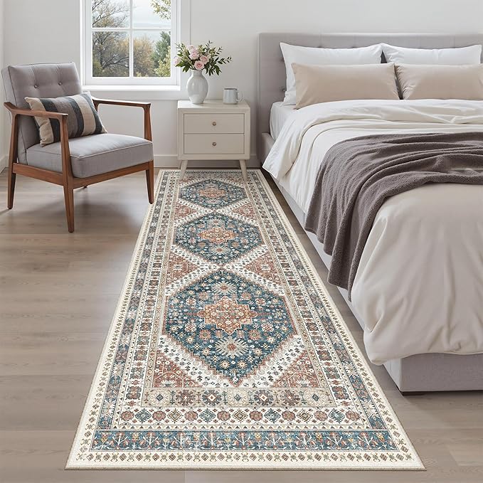 Madane Runner Rug 2'6''x8' Kitchen Runner, Hallway Runner Printed Vintage Washable Rugs Soft Non-Slip Low Pile 2.5x8 ft Runners for Hallways Laundry Room Rug Distressed Rug, Navy Blue
