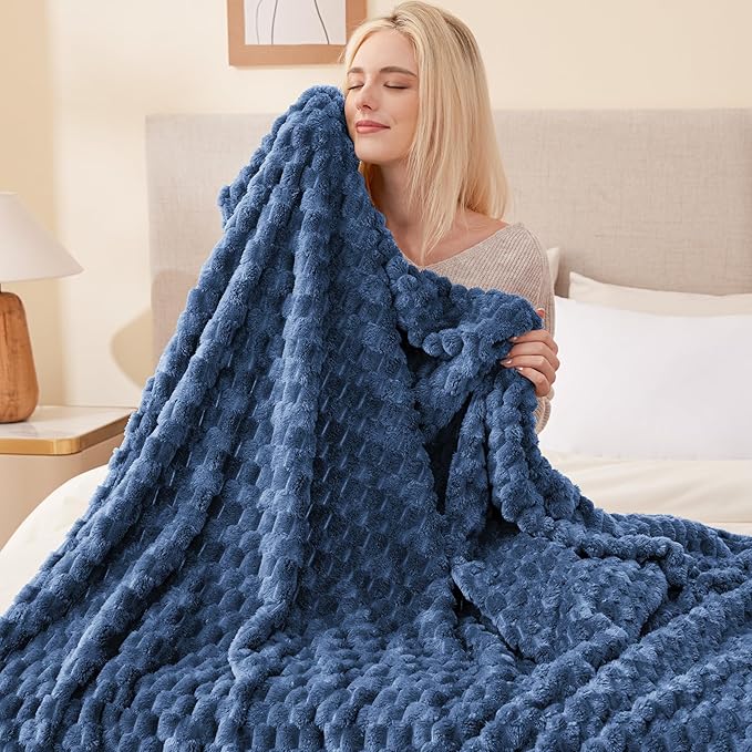 EXQ Home Fleece Blanket Queen Size for Couch or Bed - 3D Imitation Turtle Shell Jacquard Decorative Blankets - Cozy Soft Lightweight Fuzzy Flannel Blanket Suitable for All Seasons(90"×90",Dark Blue)