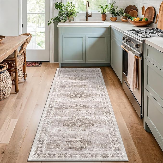 Hazo Haus Boho 2x7 Long Runner, Neutral Farmhouse Hallway Rug, Small Throw Runners for Bedroom, Bathroom, Kitchen, Vintage Floral Decor & Non-Slip Low-Pile Washable Stain Resistant, Latte Beige