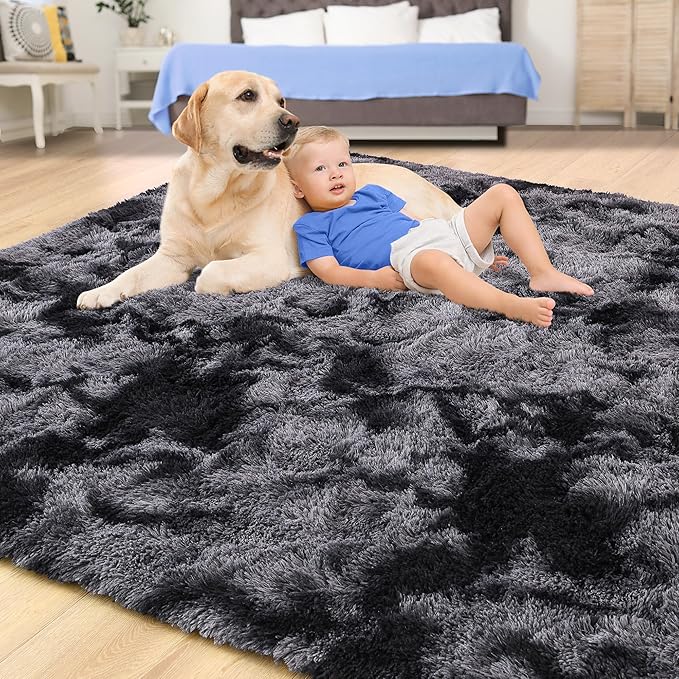 Tepook Area Rugs 10x14 for Living Room, Super Soft Fluffy Rugs for Bedroom, Modern Shaggy Rug Fuzzy Carpets for Kids, Plush Indoor Nursery Home Decor Rug with Non-Slip Bottom, Tie-Dyed Dark Grey