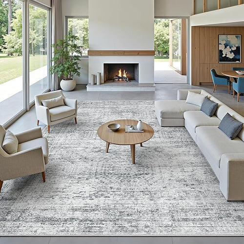 12x15 Washable Area Rug Gray Neutral Abstract Living Room Large Carpet Non Slip Bedroom Indoor Office Dining Room Low Pile Thin Grey Rug