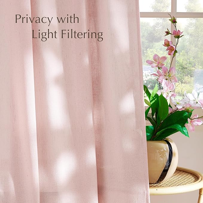 NICETOWN Thick Linen Light Pink Curtains for Kids Room, Grommet Flax Linen Privacy Added with Light Filtering Window Treatments for Girls Room, W55 x L96, 2 Panels