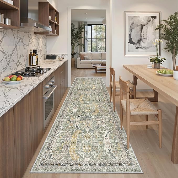 Madane Runner Rug 2'6''x8' Kitchen Runner, Hallway Runner Printed Vintage Washable Rugs Soft Non-Slip Low Pile 2.5x8 ft Runners for Hallways Laundry Room Rug Distressed Rug, Green/Gold