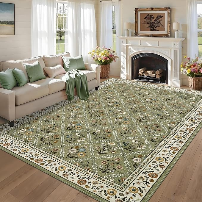 6x9 Machine Washable Area Rugs for Living Room Floral Stain Resistant Soft Carpet Vintage Low Pile Non Slip Non-Shedding Floor Carpet Rugs for Bedroom Nursery Green