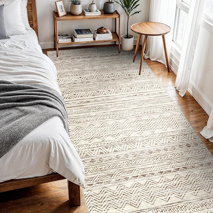 4x10 Washable Hallway Runner Rug：Moroccan Non-Slip Wide Runners for Entryway Kitchen Soft Modern Geometric Low-Pile Rugs for Living Room Thin Waterproof Carpet for Bedroom Bathroom Laundry(Beige,4x10)