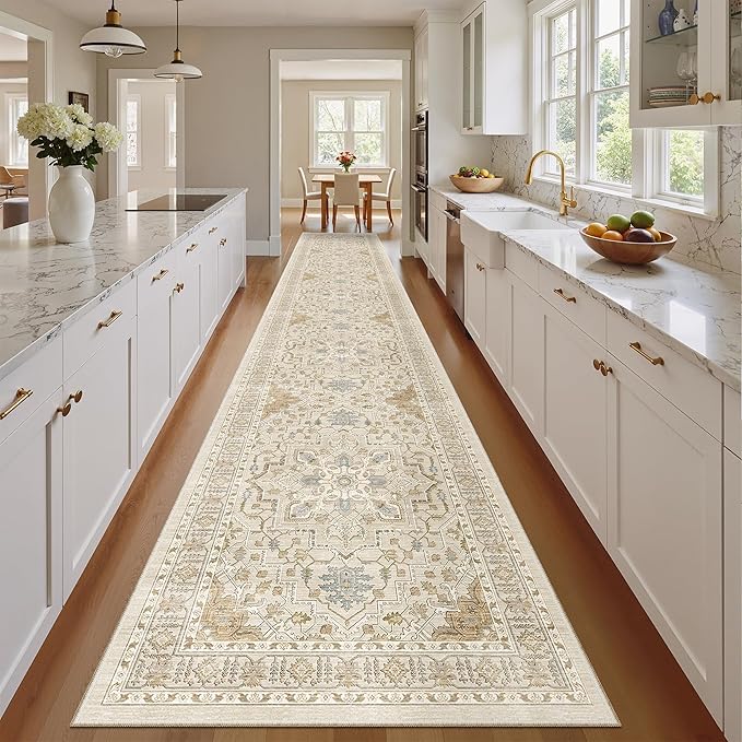 Madane Hallway Runner Rug 2'6''x16' Kitchen Runner - Non Slip Vintage Runners for Hallways Washable Kitchen Rugs Soft Low Pile 2.5x16 ft Rug Runners for Laundry Room, Entryway and Bedroom, Beige/Blue