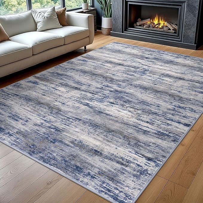 KOZYFLY Rugs for Living Room 8x10 Modern Ombre Living Room Area Rug, Washable Large Thin Rugs Non-Slip Soft Striped Rug for Bedroom, Print Grey-Blue Abstract Carpet for Laundry/Kid Room