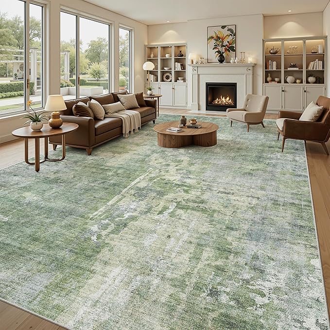 10x14 Area Rugs for Living Room, Non Slip Machine Washable Vintage Rugs, Low Pile Lightweight Large Rug for Bedroom, Dining Room, Home Office Green/Ivory