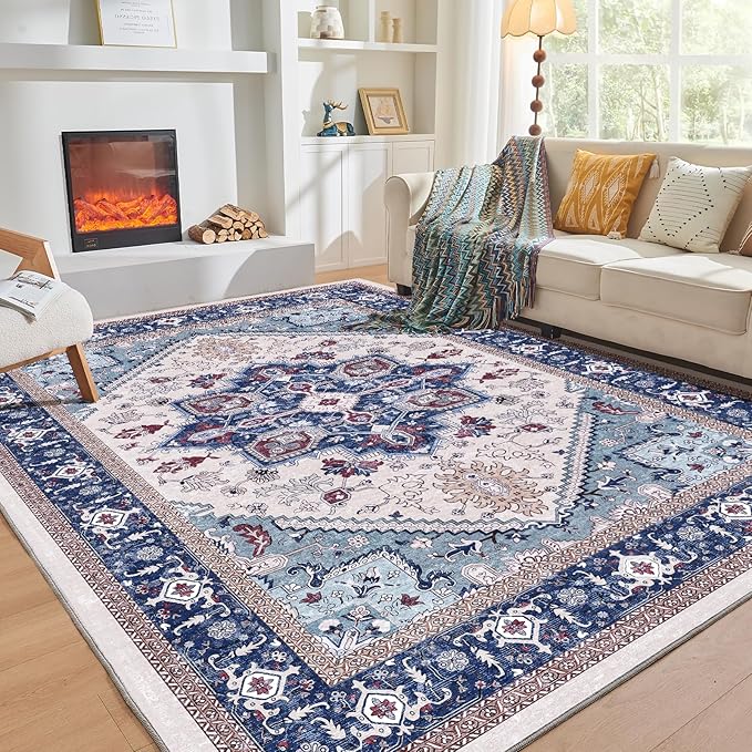 OPPODREAM Soft 10x14 Area Rugs, Washable Rugs 10x14 with Non Slip Backing, Low-Pile Faux Cashmere 10 x 14 Carpet, Navy Blue & Red & Cream
