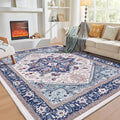 OPPODREAM Soft 10x14 Area Rugs, Washable Rugs 10x14 with Non Slip Backing, Low-Pile Faux Cashmere 10 x 14 Carpet, Navy Blue & Red & Cream