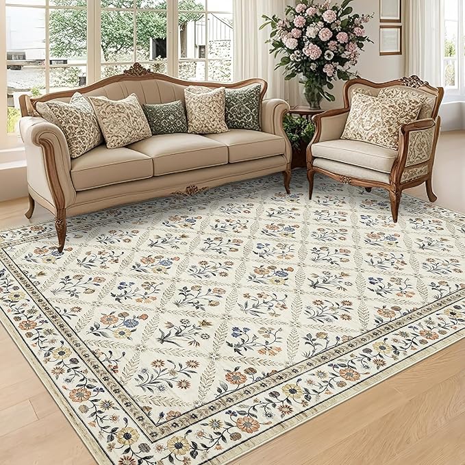 Large Entryway Rug 3x5 Floral Washable Area Rugs Vintage Soft Non-Slip Small Floor Carpet Doormat Stain Resistant Low-Pile Ultra-Thin Entry Mat for Bedside Kitchen Beige