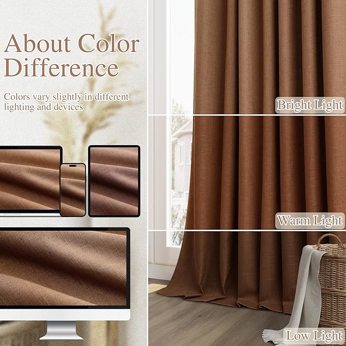 Guken 100% Blackout Linen Curtains 90 Inch Length 2 Panels Set for Living Room Bedroom Back Tab Thermal Insulated Black Out Linen Drapes Room Darkening Window Curtains,Caramel Brown