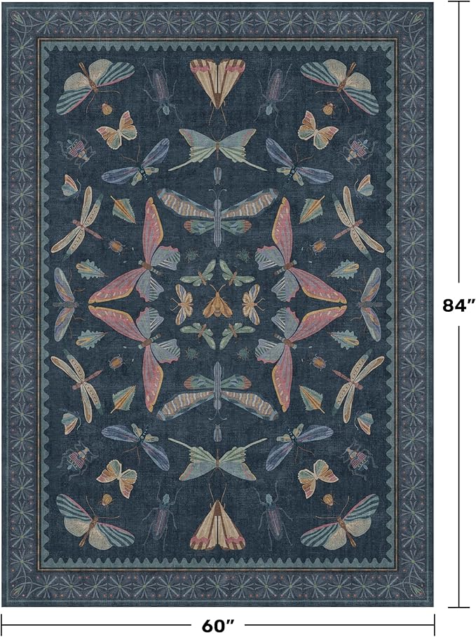 5x7 Navy Blue Boho Rugs for Living Room, Stain Resistant Non Slip Area Rug for Dining Room, Whimsical Bedroom Insect Carpet, Dark Vintage Décor Indoor, Low Pile & Soft