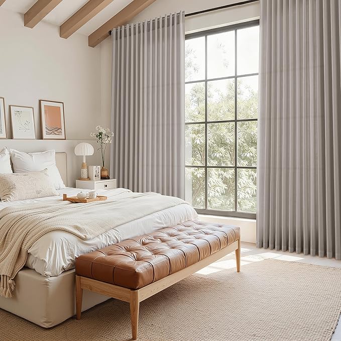 Nanspring Stone Grey Linen Curtains 96 Inches Long for Living Room Simple Modern Light Filtering Semi Sheer Curtain Back Tab and Rod Pocket Neutral Luxury Drapes for Bedroom Office 52x96, 2 Panels