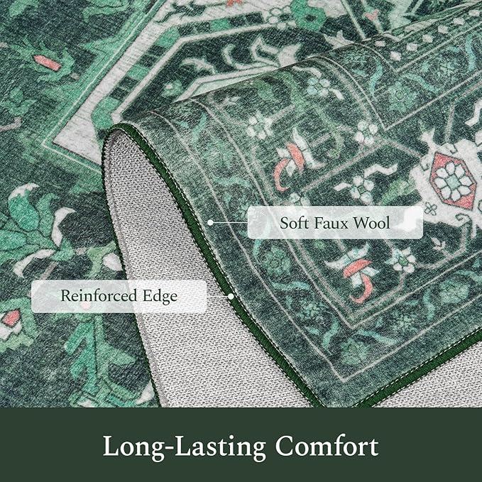 Rugflix 9x12 Area Rugs for Living Room, Machine Washable Rug Non Slip Stain Resistance, Large Rug Vintage Distressed Soft Carpet for Bedroom, Dining Room, Home Office, Green