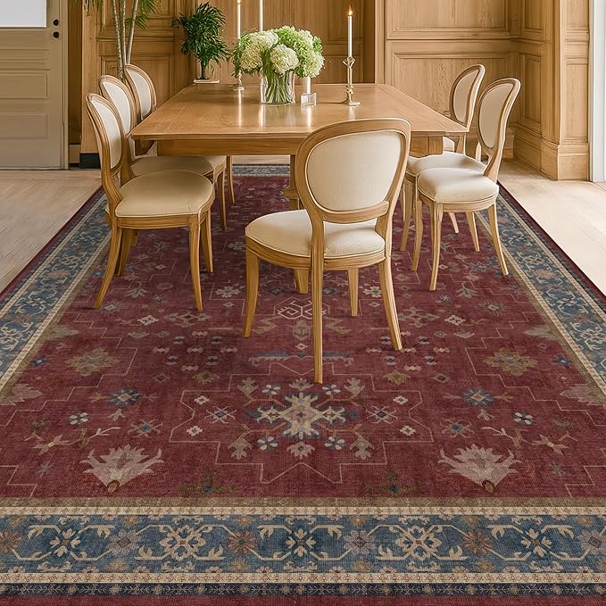 Hazo Haus Oriental 7x10 Large Area Rugs for Bedroom Under Bed - Burgundy Rug for Living Room, Dining Room Under Kitchen Table, Washable Soft Non Slip Boho Indoor Décor
