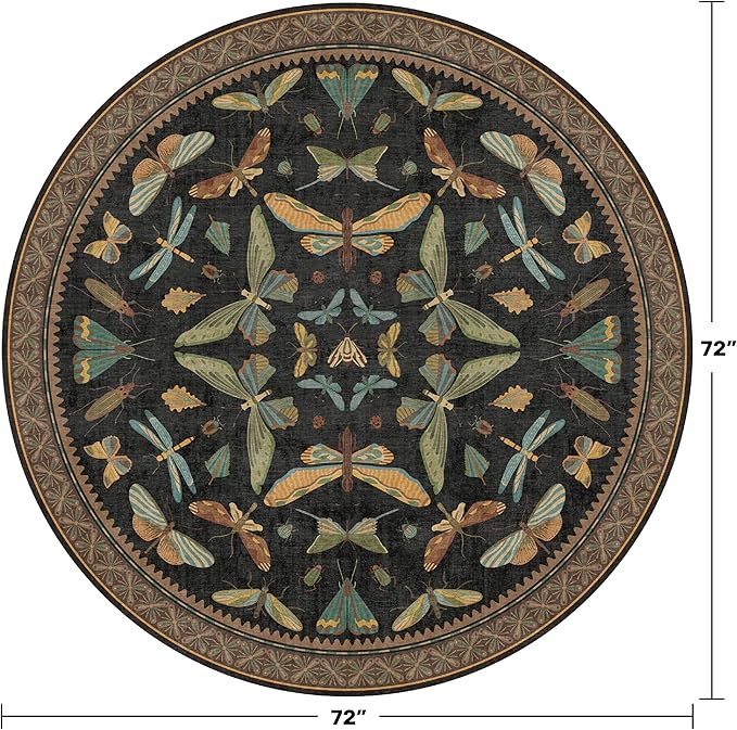 Hazo Haus Washable Black 6ft Round Area Rugs for Bedroom Beside Bed - Dark Unique Insect Print Circle Rug for Living Room, Dining Room, Vintage Nature Insect Design, Low Pile & Soft