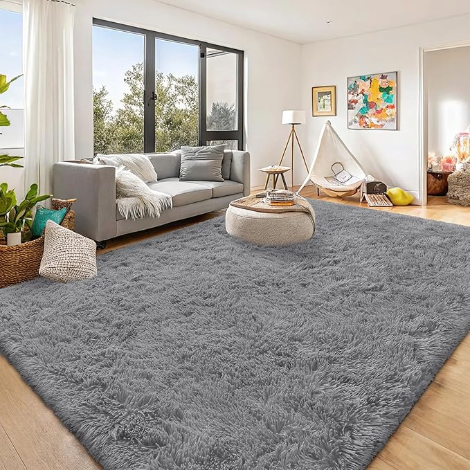 OLANLY 10x14 Machine Washable Large Area Rugs for Living Room, Bedroom, Soft Fluffy Shaggy Bedside Rug, Indoor Floor Carpet for Kids Girls and Boys, Dorms, Nursery, Home Decor Aesthetic, Light Grey