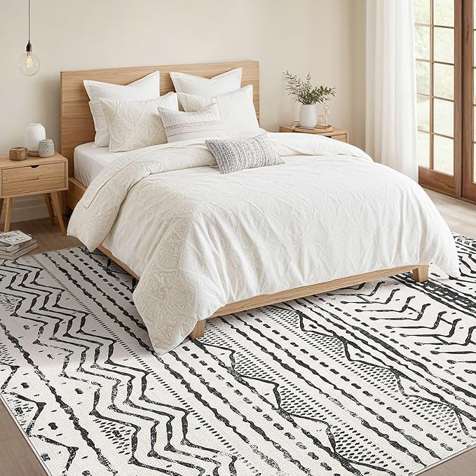 Nakagishi Black Rug for Living Room: 8x10 Washable Boho Large Neutral Soft Farmhouse Area Rugs Stain Resistant Modern Geometric Non-Slip Indoor Floor Carpet for Bedroom Playroom Office Dining Room