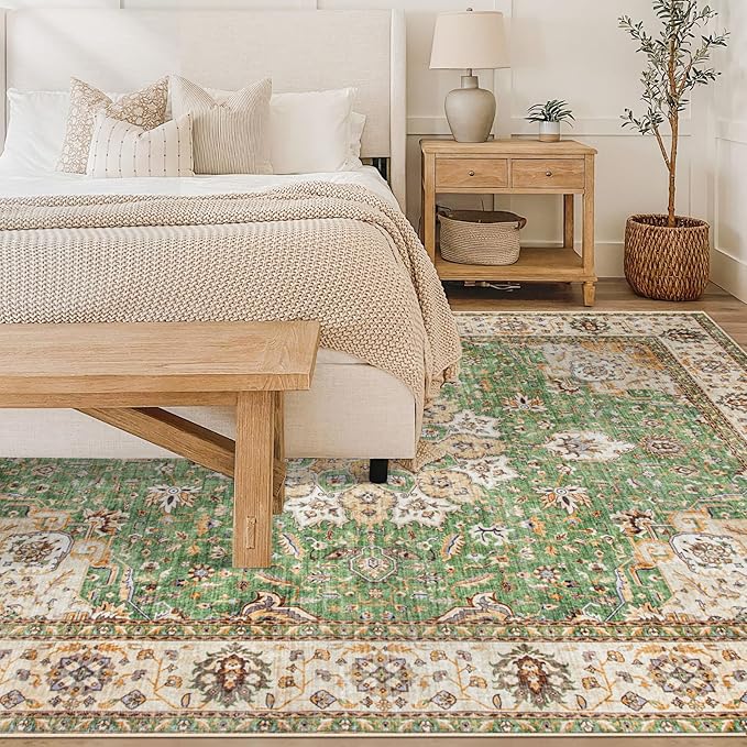 Area Rug 6x9 Washable Rug, Vintage Boho Medallion Rugs Non-Slip Soft Low Pile Large Distressed Rug Indoor Retro Carpet for Living Room Bedroom Dining Room Home Office (Vintage Green, 6'x9')