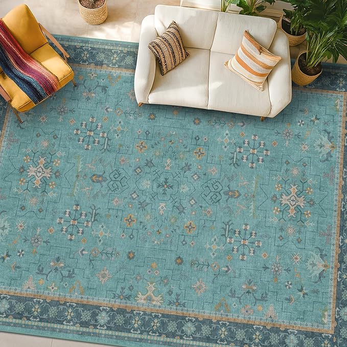 Boho 9x12 Large Teal Green Washable Living Room Rug - Vibrant Turquoise Rug for Bedroom Under Bed, Dining Room Under Table, Geometric Floral Low Pile & Soft Stain Resistant Carpet