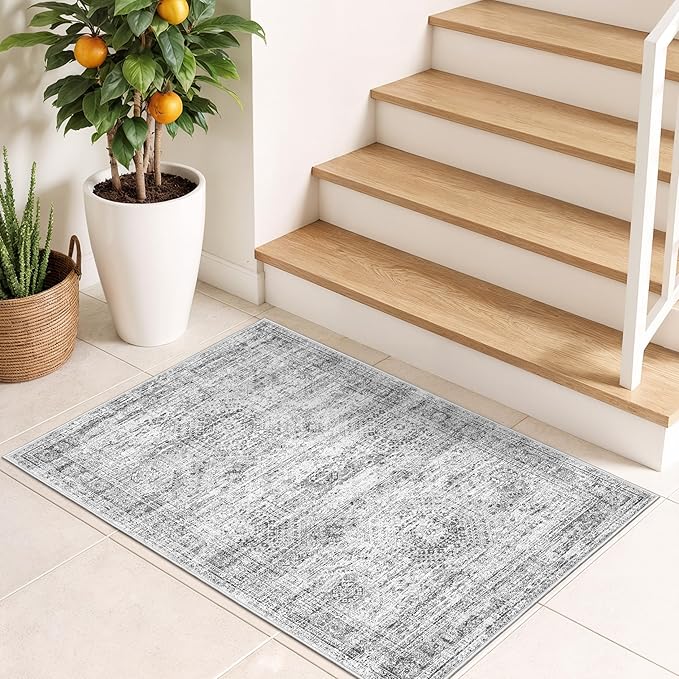 2x3 Washable Rug Runner for Bathroom, Soft Entryway Rug for Laundry Room, Kitchen, Vintage Abstract Hallway Runner for Bedroom, Anti-Slip Door Mat Indoor Entrance(2'x3', Grey/Ivory)