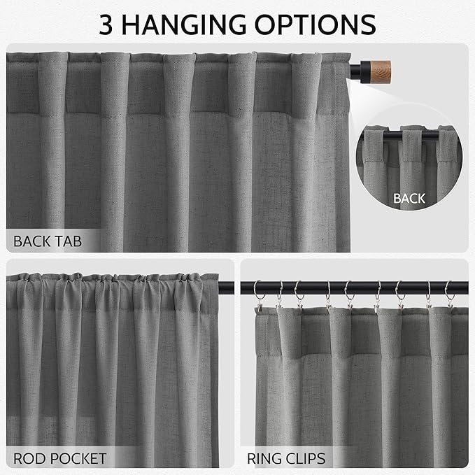 Nanspring Blazer Grey Curtain Linen Blend Light Filtering Back Tab Curtains 108 Inches Long, Semi Sheer Privacy Drapes for Living Room & Bedroom, 52x108 inch, 2 Panels