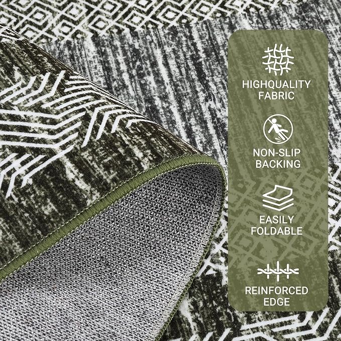 GarveeHome Modern Geometric Area Rug 5x7 Distressed Bordered Rug Washable Non Slip Floor Carpet Non Shedding Thin Rug, Soft Low Pile Rug, Contemporary Green Rug for Dining Room, Living Room