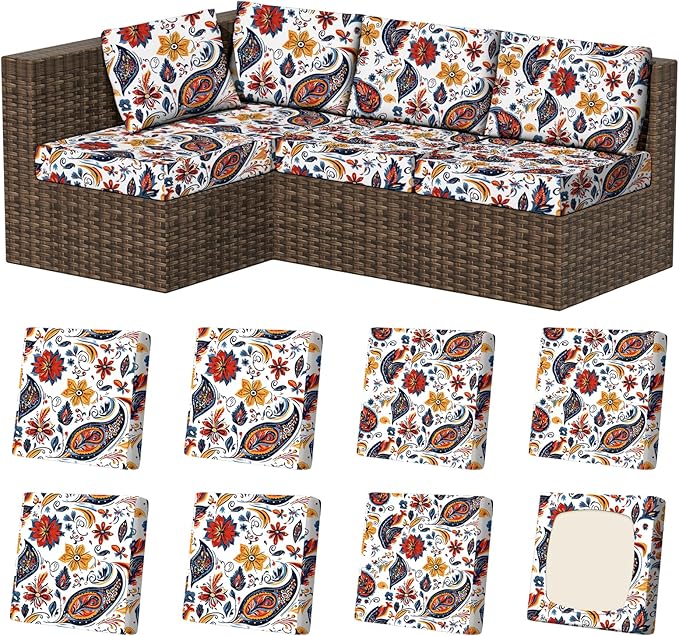 8Pcs Stretch Patio Cushion Covers, Outdoor Couch & Sofa Replacement Slipcovers for Patio Furniture Cushion Covers, Washable Reusable Furniture Protector