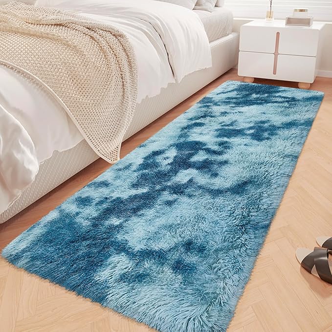 Super Soft Fluffy Living Room Area Rug 2x6 ft Tie-Dyed Light Blue Shaggy Furry Carpet Washable Non-Slip Floor Rugs Bedroom Bedside Nursery Rug Fuzzy Girls Boy Dorm Home Decor Aesthetic