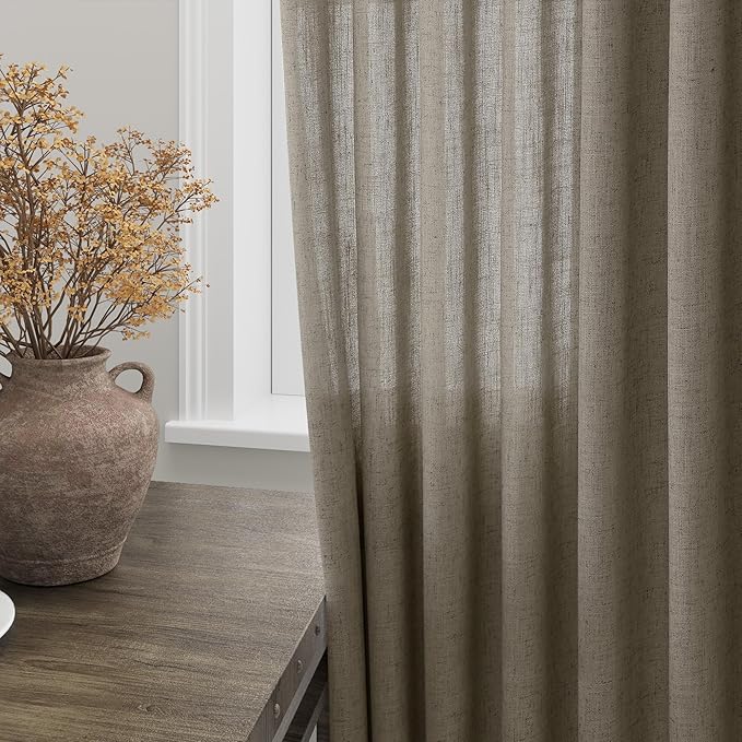 Extra Long Mocha Curtains 2 Panels 102 Inches Long for Living Room Back Tab Rod Pocket Light Filtering Semi Sheer Drapes Cotton Linen Textured Window Curtain 102 Inch Length for Bedroom 9 FT
