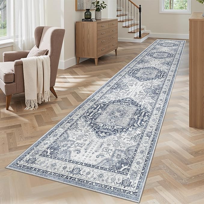Madane Runner Rugs for Hallway 2x12 Extra Long Washable Non-Slip Hallway Runner Rug Low-Pile Stair Kitchen Throw Carpet Runner for Entrance Living Dining Laundry Room Rug (Navy/White, 2'x12')