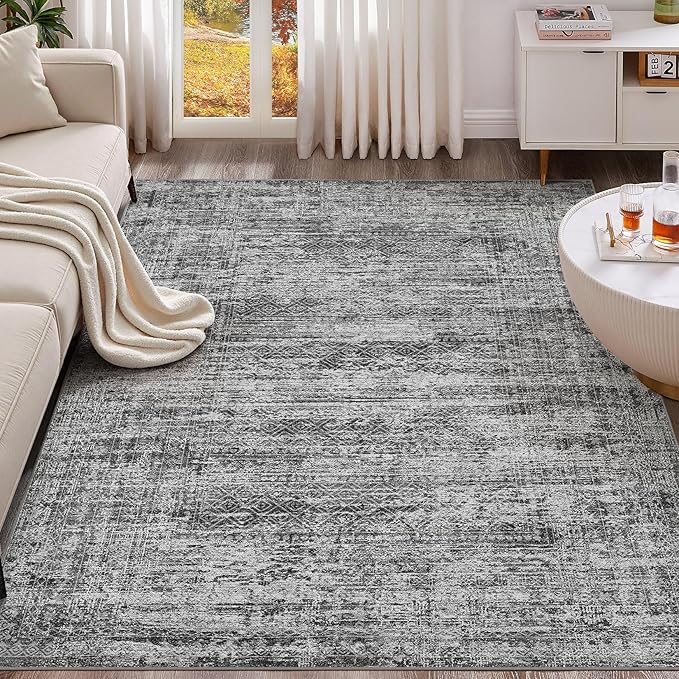 UERMEI 7x9 Area Rug Living Room Rugs - Washable Neutral Modern Abstract Soft Thin Rug Indoor Floor No Slip Rug Carpet for Bedroom Under Dining Table Home Office Decor - Dark Gray