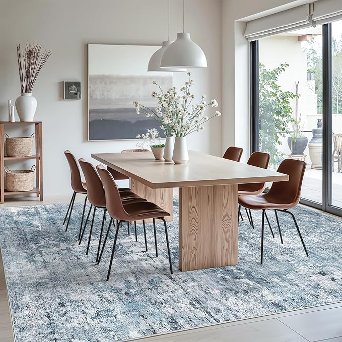 Washable Area Rug 8x12, Large Soft Rugs for Living Room Vintage Blue/Grey Carpet 8x12 Area Rugs for Bedroom Dining Room Non-Slip Stain Resistant Under Table Rug
