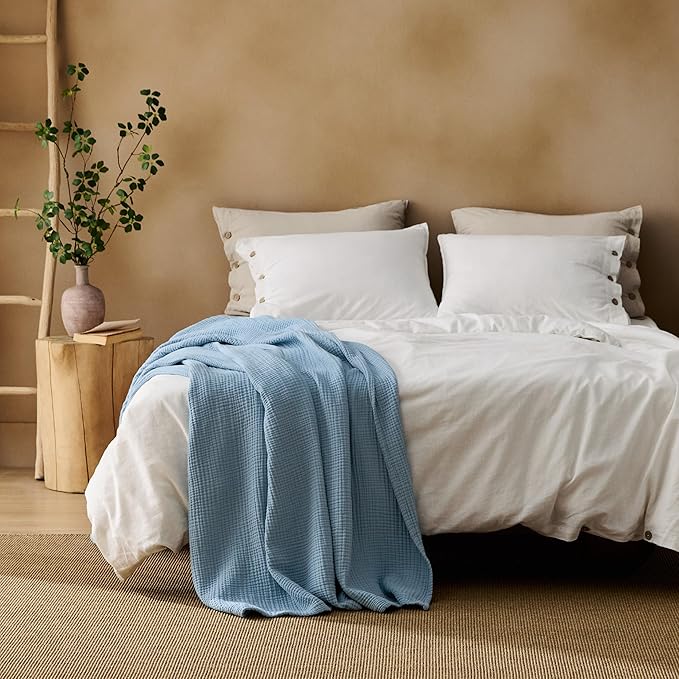 Bedsure 100% Cotton Muslin Throw Blanket Twin XL for Bed - 4-Layer Breathable and Lightweight Thin Soft Summer Gauze Muslin Blankets for Adults, Blue, 66x90 Inches