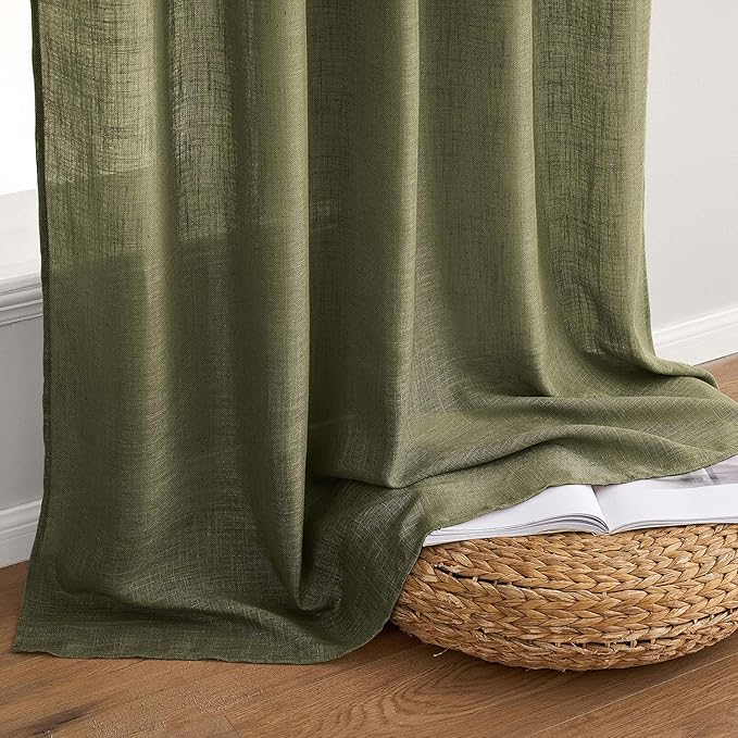 MIULEE Light Olive Green Linen Curtains 90 Inch Long 2 Panels for Bedroom Living Room, Soft Linen Textured Natural Window Drapes Semi Sheer Light Filtering Back Tab Rod Pocket Burlap Look Decor
