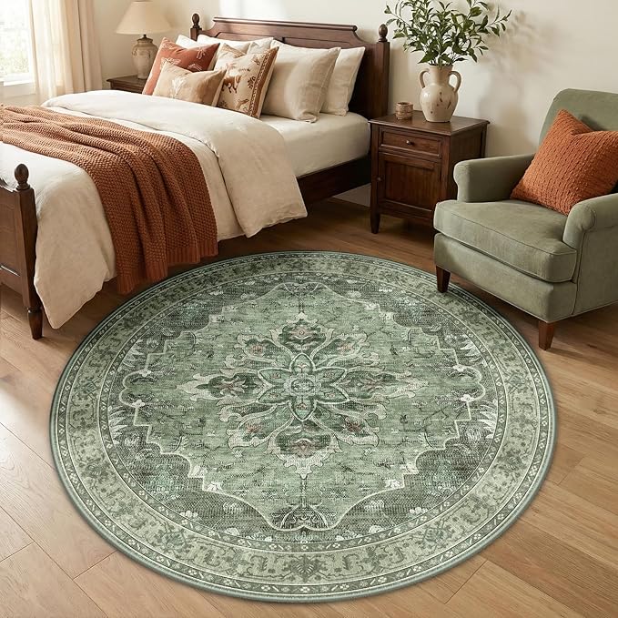 RELEANY Area Rugs 5ft Washable Non-Slip, Floral Vintage Distress Print Pattern Medallion Carpet for Living Room Bedroom Dining Room, Dark Green Gray
