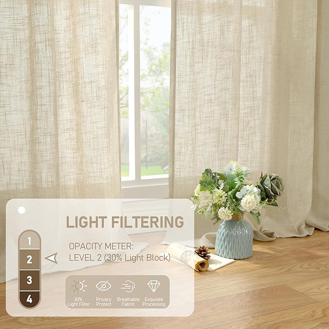 LAMIT Natural Linen Curtains for Living Room, 80 inch Length Light Filtering Semi Sheer Drapes Back Tab and Rod Pocket Farmhouse Panels for Bedroom, 2 Panels, Linen, 34 x 80 Inch