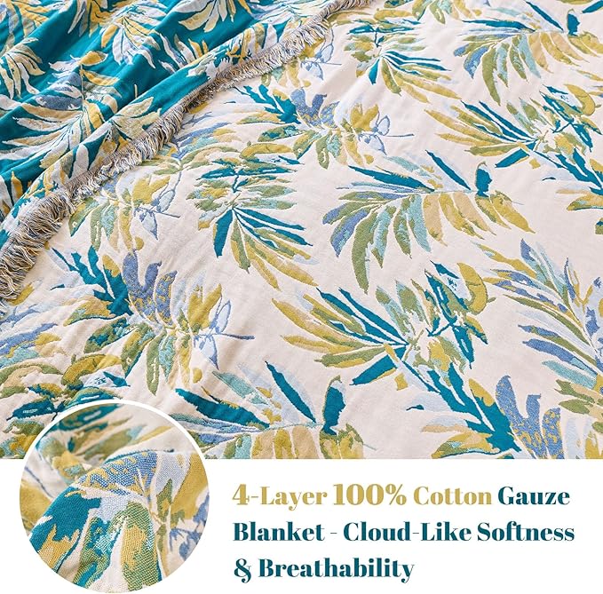 MSGKV Boho Throw Blanket for Couch Cotton Leaves Blanket 50"x60" Throws for Sofa Chair Muslin Spring Breathable Lightweight Farmhouse Blankets Home Decor All Seasons