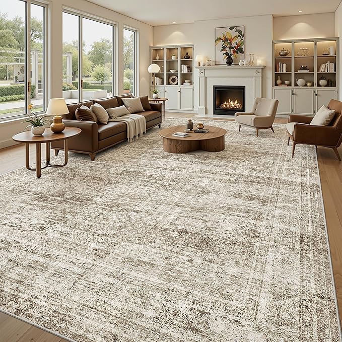 10x14 Area Rugs for Living Room, Non Slip Machine Washable Vintage Rugs, Low Pile Lightweight Large Rug for Bedroom, Dining Room, Home Office Brown
