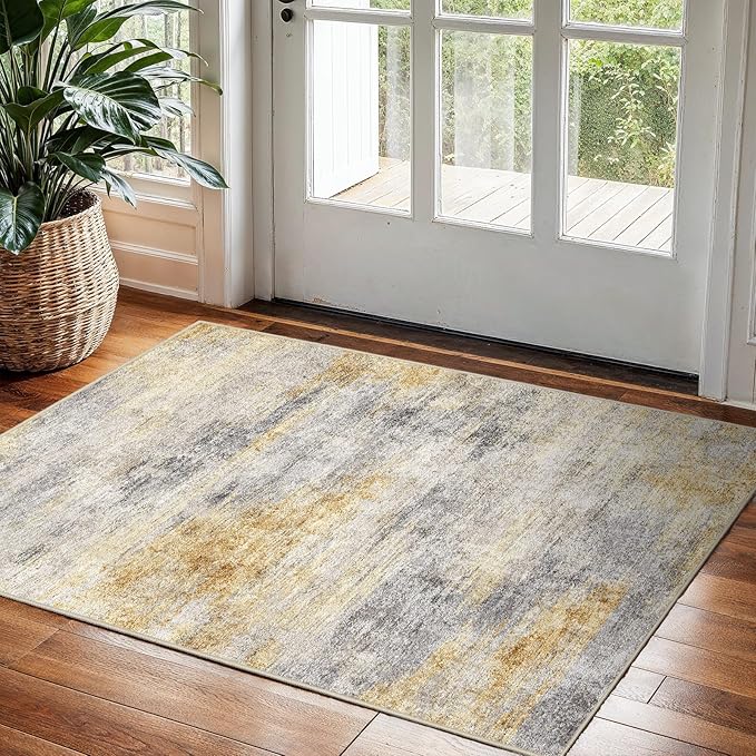 2x3 Washable Entryway Area Rug: Modern Abstract Small Runner Rug for Hallway Soft Non Slip Door Mat with Rubber Backing Low Pile Thin Floor Carpet for Kitchen Bathroom Bedroom Indoor(Grey/Yellow,2x3)
